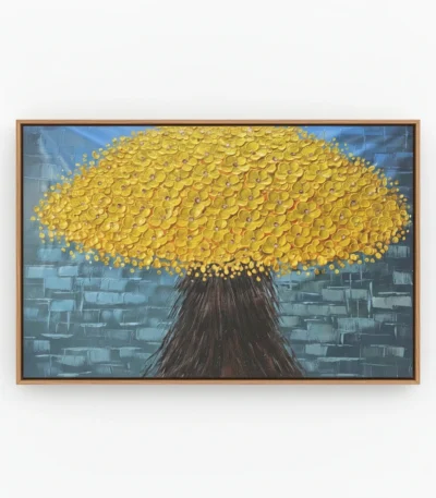 Contemporary hand-painted canvas featuring textured golden tree with dark trunk against blue brick backdrop