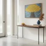 Textured contemporary painting depicting a golden-leafed tree against blue cityscape in warm ochre tones, modern entryway