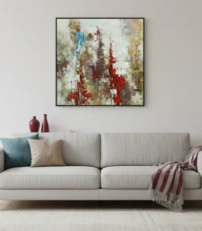 Gestural abstract hand-painted canvas with layered red, blue, and gold brushstrokes on cream ground, contemporary living space