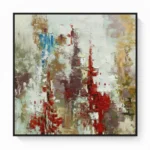Gestural abstract hand-painted canvas with layered red, cream, and earth tones creating vertical compositional movement