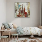 Layered abstract expressionist canvas in red, blue, and ochre with gestural vertical brushstrokes, children's bedroom setting