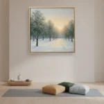 Impressionist landscape hand-painted canvas depicting a snow-lined forest path at sunrise in cool whites and golden tones, meditation space
