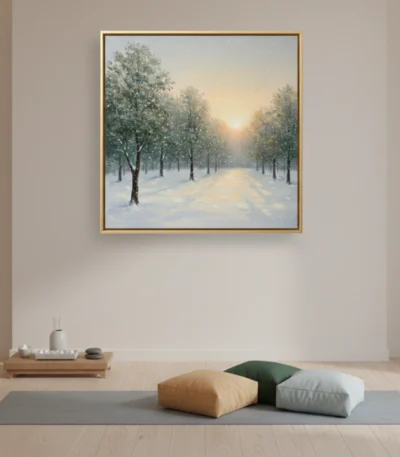 Impressionist landscape hand-painted canvas depicting a snow-lined forest path at sunrise in cool whites and golden tones, meditation space