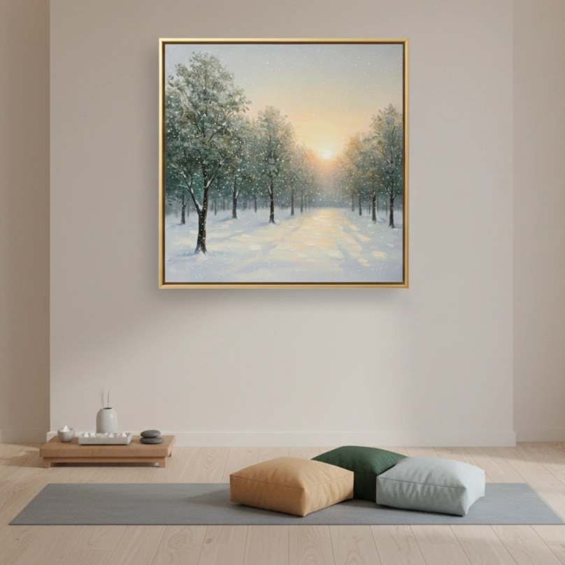 Ethereal Dawn Forest Atmospheric Snowscape Landscape Color art wall decor (1.5) Impressionist landscape hand-painted canvas depicting a snow-lined forest path at sunrise in cool whites and golden tones, meditation space