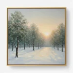 Impressionist hand-painted canvas depicting a snow-lined forest path at sunset with falling snow and warm golden light, muted blues and cream tones