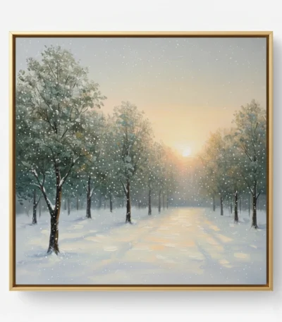 Impressionist hand-painted canvas depicting a snow-lined forest path at sunset with falling snow and warm golden light, muted blues and cream tones