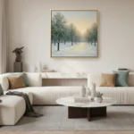 Impressionist landscape hand-painted canvas depicting snow-lined tree avenue at sunrise in cool cream and blue tones, contemporary living space