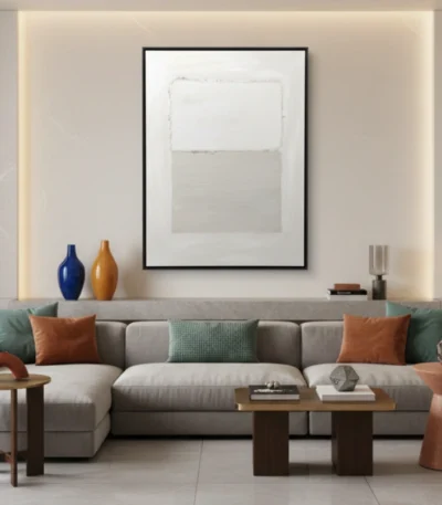 Minimalist abstract hand-painted canvas in cream and soft grey tonal blocks, contemporary living space