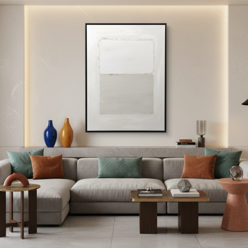 Ethereal Earth Soft textured block minimal wall art (1.5) Minimalist abstract hand-painted canvas in cream and soft grey tonal blocks, contemporary living space