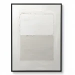 Minimalist hand-painted canvas with divided composition in soft whites and warm beige tones, contemporary living space