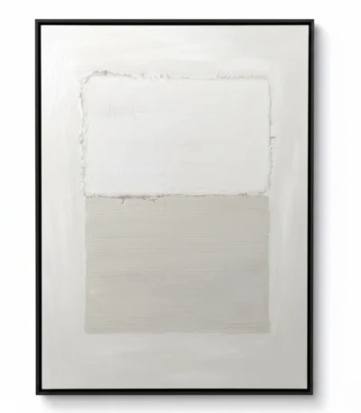 Minimalist hand-painted canvas with divided composition in soft whites and warm beige tones, contemporary living space