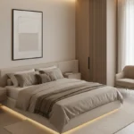 Minimalist abstract hand-painted canvas in soft beige and cream tones, contemporary bedroom setting