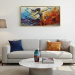 Gestural abstract expressionist hand-painted canvas depicting a dynamic figure in vibrant blues, reds, and golds, contemporary living space