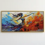 Gestural abstract expressionist hand-painted canvas depicting a dynamic figure in vibrant blues, reds, oranges and yellows, contemporary living space