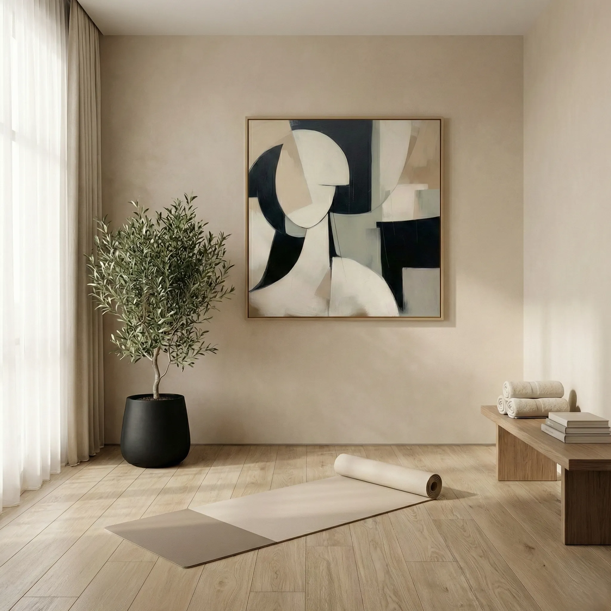 Ethereal Form Neutral Geometric Shapes and Gold Frame Wabi Sabi wall art (1.5) Contemporary abstract hand-painted canvas with geometric shapes in black, cream, and taupe tones, yoga studio setting