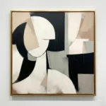 Abstract hand-painted canvas with interlocking geometric forms in black, cream, and taupe tones