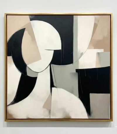 Abstract hand-painted canvas with interlocking geometric forms in black, cream, and taupe tones