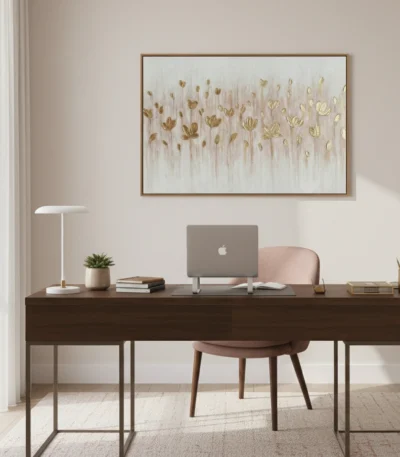 Textured abstract hand-painted canvas in cream and gold leaf with floating botanical forms, contemporary office space