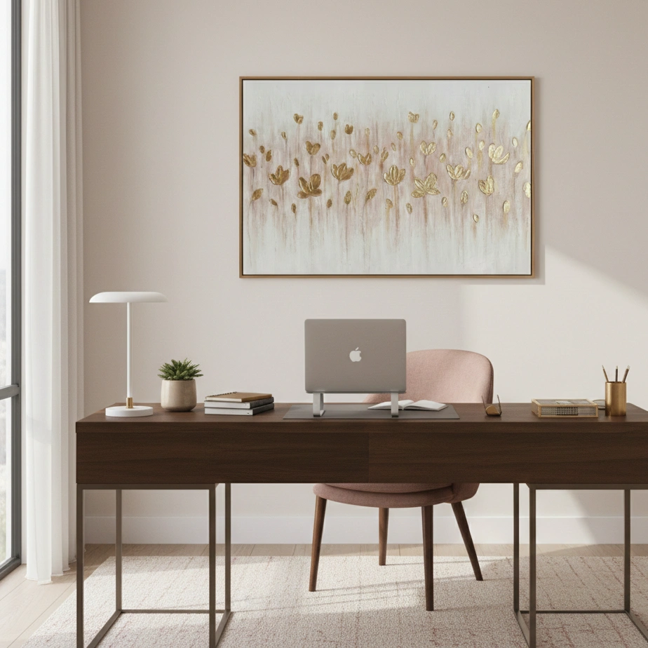 Ethereal Gilded Flora Gold Leaf Botanical Abstract Wall art (1.5) Textured abstract hand-painted canvas in cream and gold leaf with floating botanical forms, contemporary office space