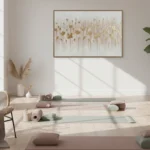 Textured abstract hand-painted canvas with gold leaf florals in cream and neutral tones, yoga studio setting