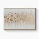Textured abstract hand-painted canvas depicting golden tulips in soft cream and blush tones, contemporary living space