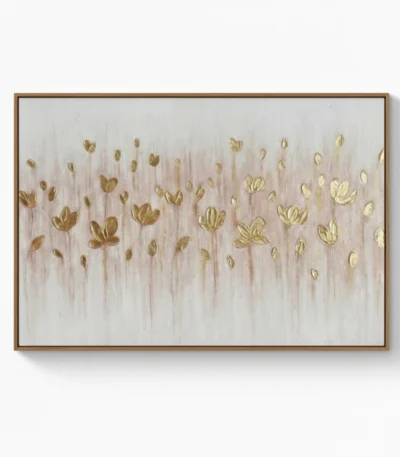 Textured abstract hand-painted canvas depicting golden tulips in soft cream and blush tones, contemporary living space