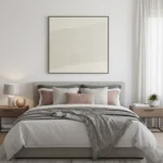 Minimalist hand-painted canvas with gestural cream and beige brushstrokes, contemporary bedroom setting