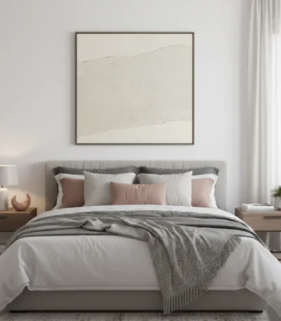 Minimalist hand-painted canvas with gestural cream and beige brushstrokes, contemporary bedroom setting