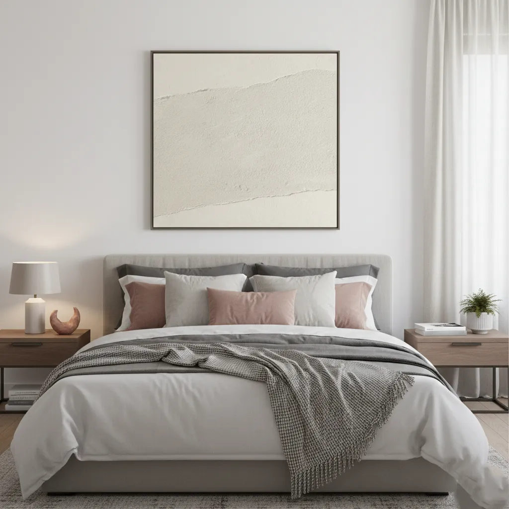 Ethereal Horizon Abstract Layered Plaster Detail contemporary minimal art (1.5) Minimalist hand-painted canvas with gestural cream and beige brushstrokes, contemporary bedroom setting
