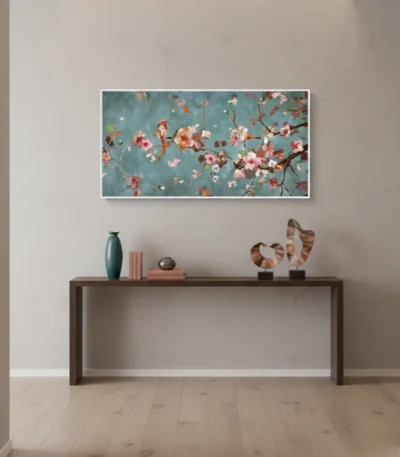 Impressionist hand-painted canvas of flowering cherry blossoms in soft coral and cream against teal, contemporary entryway