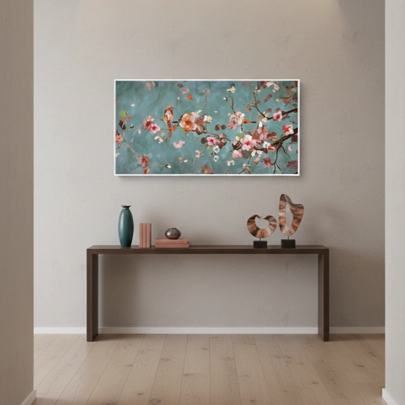 Ethereal Sakura Branch Pastel Painting color art wall decor (1.5) Impressionist hand-painted canvas of flowering cherry blossoms in soft coral and cream against teal, contemporary entryway