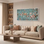 Impressionist hand-painted canvas depicting blooming cherry blossoms in coral and white against soft teal, contemporary living space