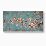 Impressionist hand-painted canvas depicting flowering branches in coral pink and white blooms against muted teal background