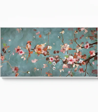 Impressionist hand-painted canvas depicting flowering branches in coral pink and white blooms against muted teal background