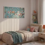 Impressionist hand-painted canvas depicting blooming cherry blossoms on teal background with warm floral accents, modern bedroom