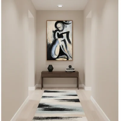 Gestural abstract expressionist hand-painted canvas depicting seated figure in black and cream tones, contemporary hallway