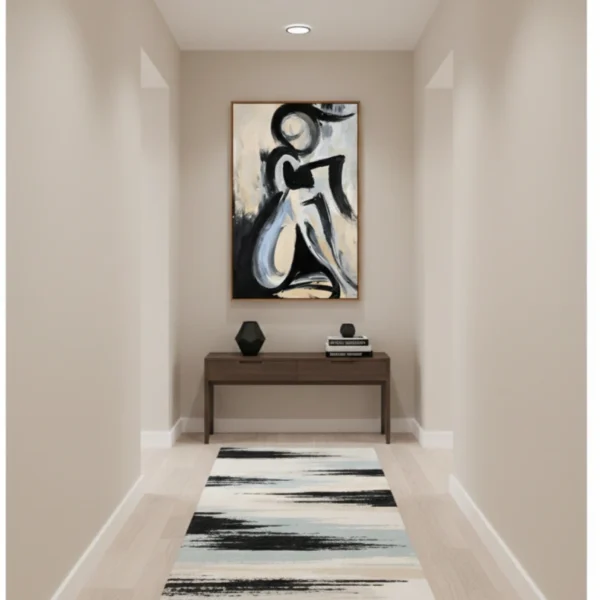 Gestural abstract expressionist hand-painted canvas depicting seated figure in black and cream tones, contemporary hallway