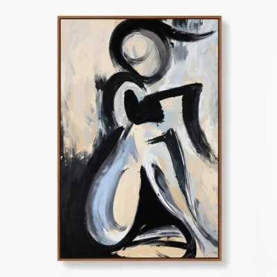 Gestural abstract hand-painted canvas with bold black brushstrokes and soft cream tones, contemporary space