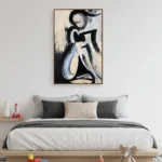 Gestural abstract expressionist hand-painted canvas in black, cream and grey with dynamic brushstrokes, modern bedroom