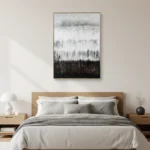 Layered abstract painting depicting misty forest landscape in monochrome grays and charcoal, hand-painted canvas in contemporary bedroom