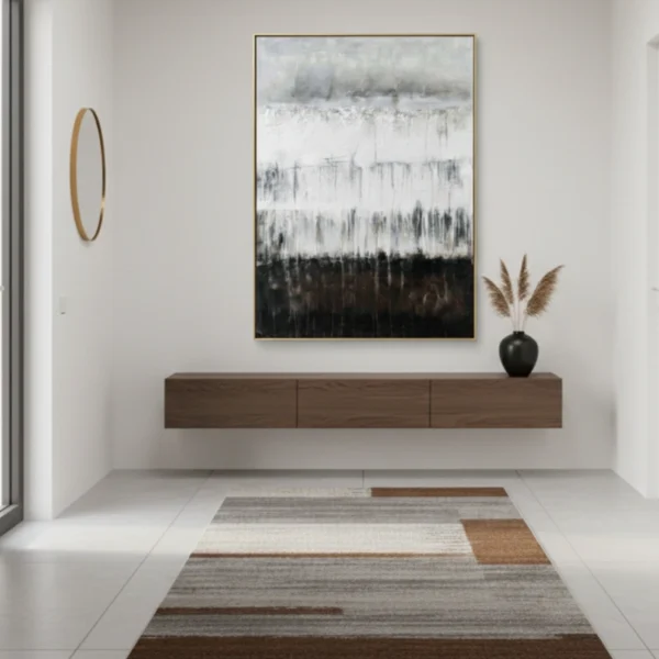 Abstract landscape hand-painted canvas in layered greys and blacks depicting misty forest, contemporary minimalist space