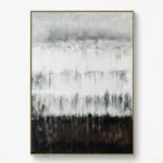 Layered abstract hand-painted canvas with misty forest silhouettes in monochrome grays and blacks, contemporary living space