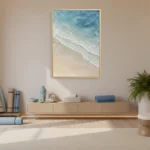 Minimalist coastal landscape hand-painted canvas in soft blues and sandy neutrals, contemporary living space