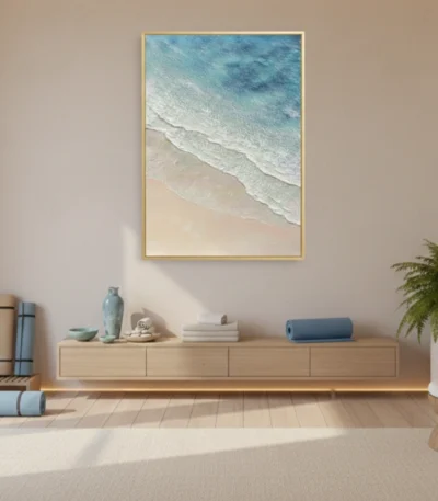 Minimalist coastal landscape hand-painted canvas in soft blues and sandy neutrals, contemporary living space