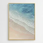 Contemporary landscape hand-painted canvas depicting serene ocean waves meeting sandy beach in soft turquoise and cream tones