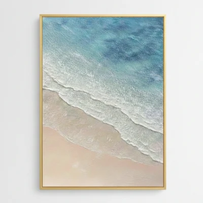 Contemporary landscape hand-painted canvas depicting serene ocean waves meeting sandy beach in soft turquoise and cream tones