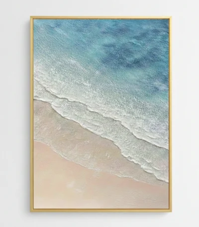 Contemporary landscape hand-painted canvas depicting serene ocean waves meeting sandy beach in soft turquoise and cream tones