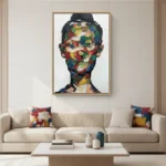 Expressionist hand-painted canvas featuring a colorful abstracted portrait with gestural brushstrokes in red, blue, yellow, and green tones, contemporary living space