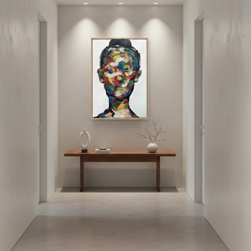 Expressionist Profile Modern colorful wall decor Abstract wall art (1.5) Expressionist hand-painted canvas of abstracted portrait in vibrant multicolored brushstrokes and bold gestural marks, modern entryway