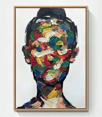 Gestural abstract hand-painted canvas depicting a portrait head in vibrant multicolored brushstrokes and layered impasto, contemporary living space